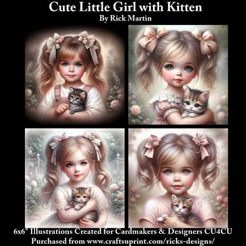 6x6 Cute Little Girl with Kitten 1 - Illustrations for Cardmakers & Designers 