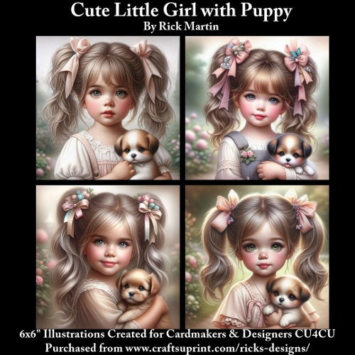 6x6 Cute Little Girl with Puppy 1 - Illustrations for Cardmakers & Designers 