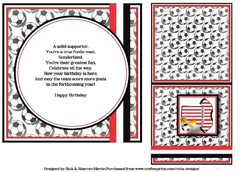 7x7 Sunderland Quick Card Sheet 2 Insert with Football Birthday Verse & Gift Card 