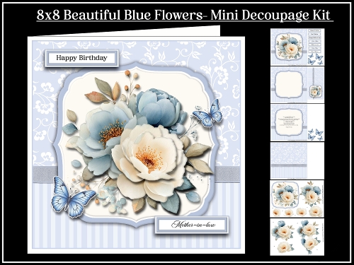 8x8 Beautiful Blue Flowers - Mini Decoupage Kit - x6 A4 Sheets 
