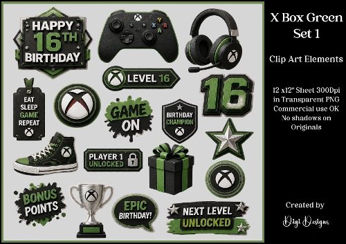 GREEN XBOX 1 Clipart - Individually saved in PNG 