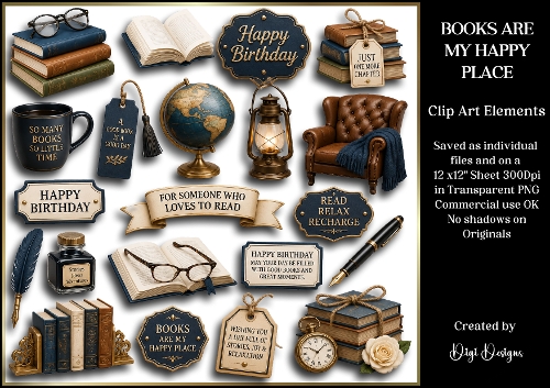 BOOKS ARE MY HAPPY PLACE Clipart - Individually saved in PNG 