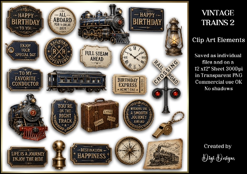 VINTAGE TRAINS 2 Clipart - Individually saved in PNG 