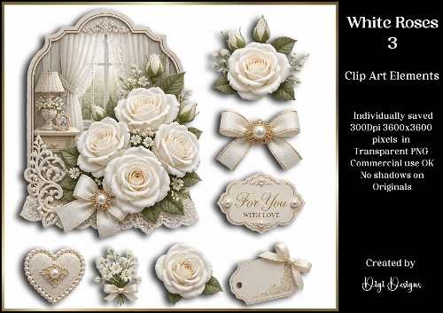 White Roses 3 Large Clipart Collection in PNG