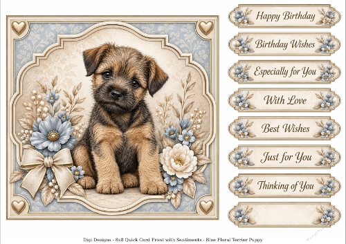 8x8 Blue Floral Terrier  - Quick Card Front with Sentiment 