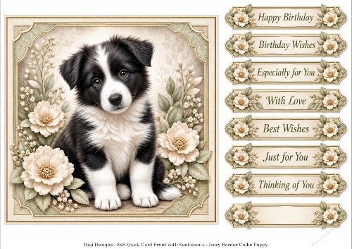 8x8 Ivory Border Collie Pup - Quick Card Front with Sentiment 