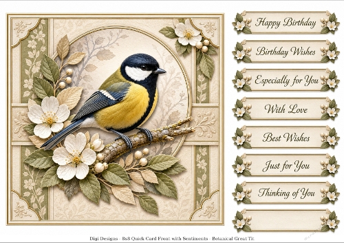 8x8 Botanical Great Tit - Quick Card Front with Sentiment 