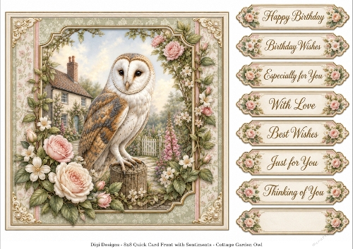 8x8 Cottage Garden Owl - Quick Card Front with Sentiment 