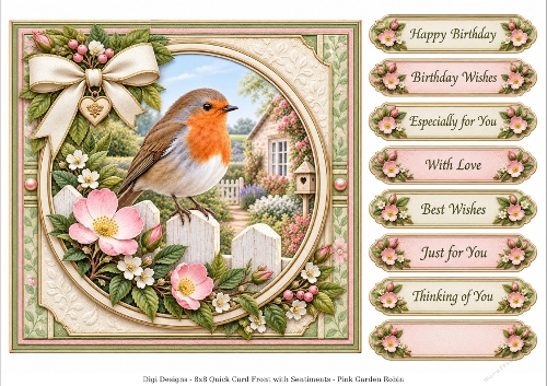 8x8 Pink Garden Robin - Quick Card Front with Sentiment 