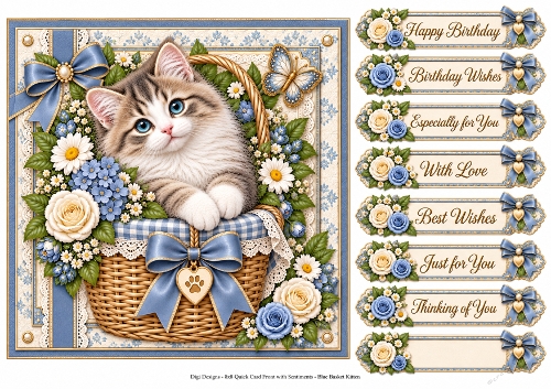 8x8 Blue Basket Kitten - Quick Card Front with Sentiment 