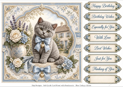 8x8 Blue Cottage Kitten  - Quick Card Front with Sentiment 