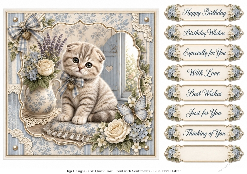 8x8 Blue Floral Kitten  - Quick Card Front with Sentiment 