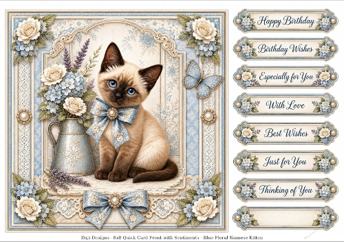 8x8 Blue Floral Siamese Kitten  - Quick Card Front with Sentiment 