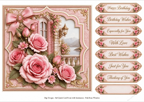 8x8 Pink Rose Window Quick Card Front with Sentiment 