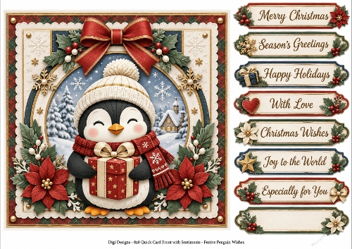 8x8 Festive Penguins Quick Card Front with Sentiment 