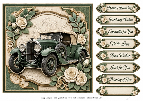 8x8 Classic Green Car- Quick Card Front with Sentiments 