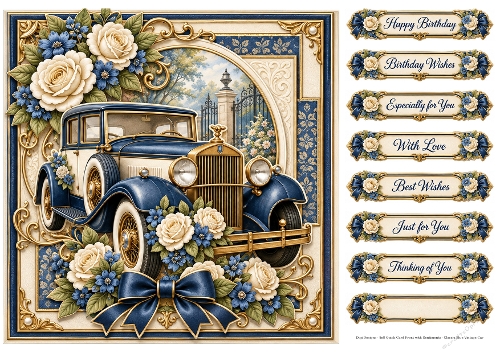 8x8 Classic Blue Vintage Car - Quick Card Front with Sentiments 