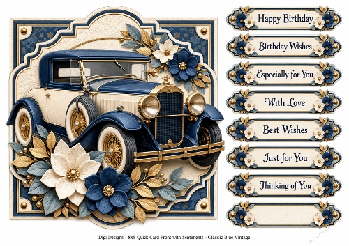8x8 Classic Blue Vintage Wedding Car Quick Card Front with Sentiments
