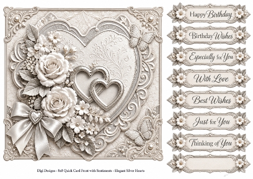 8x8 Elegant Silver Heart Quick Card Front with Sentiments