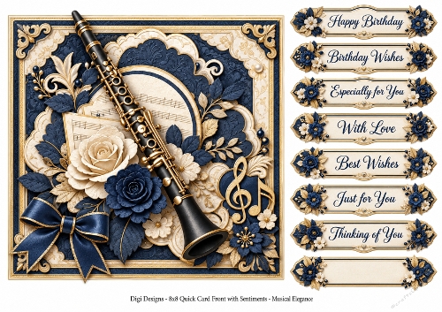 8x8 Navy & Gold Musical Elegance Quick Card Front with Sentiments