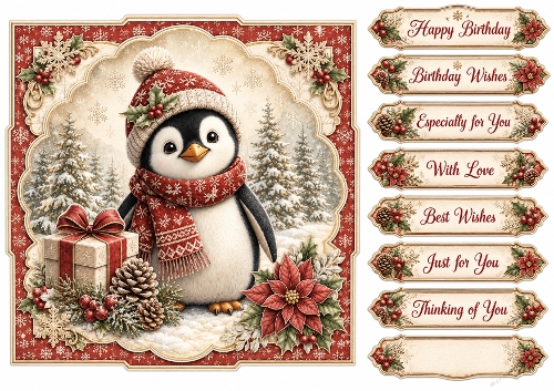 8x8 Ornate Christmas Penguin - Quick Card Front with Sentiments 