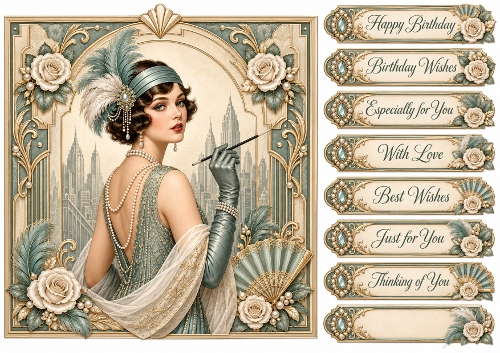 8X8 Art Deco Flapper Lady 1 Quick Card Front with Sentiments 