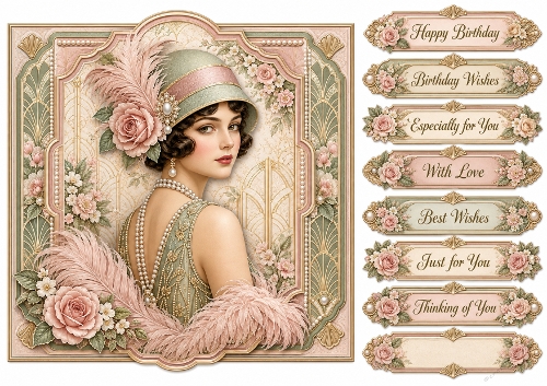 8X8 Art Deco Flapper Lady 2 Quick Card Front with Sentiments 