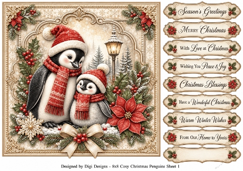 8x8 Cozy Christmas Penguins - Quick Card Front with Sentiments 