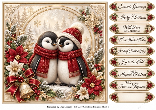8x8 Cozy Christmas Penguins 1 - Quick Card Front with Sentiments 