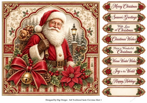 8x8 Traditional Santa Christmas - Quick Card Front with Sentiments 