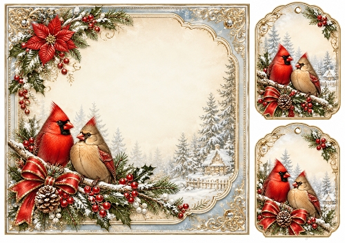 8x8 Vintage Christmas Cardinals - Blank Insert 