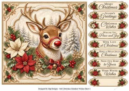 8x8 Vintage Christmas Reindeer - Quick Card Front with Sentiments 