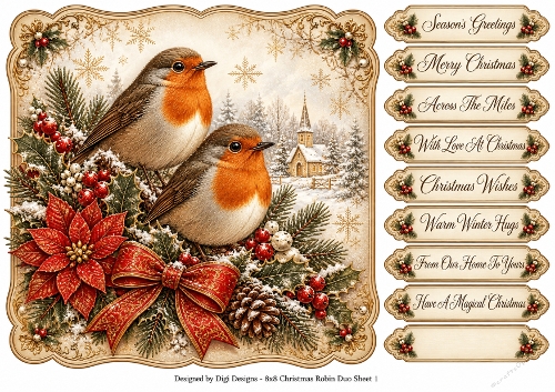 8x8 Vintage Christmas Robin - Quick Card Front with Sentiments 