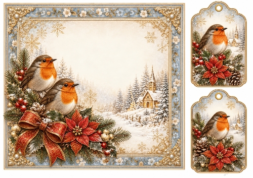 8x8 Vintage Christmas Robin - Blank Insert 
