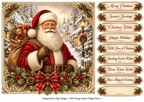 8x8 Vintage Santa Village - Quick Card Front with Sentiments 