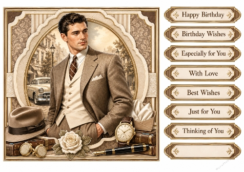 8x8 Vintage Sepia Man Quick Card Front with Sentiments & Gift Tags