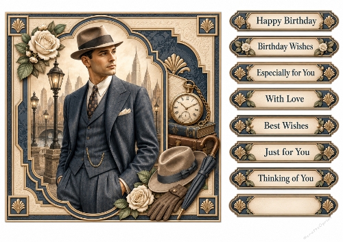 8x8 Art Deco Man Quick Card Front with Sentiments & Gift Tags