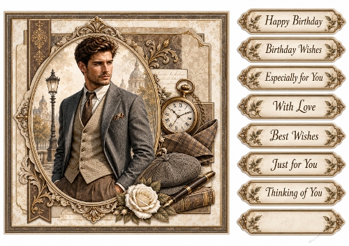 8x8 Vintage Gentleman Quick Card Front with Sentiments & Gift Tags