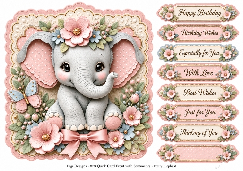 8x8 Pretty Elephant Quick Card Front with Sentiments 