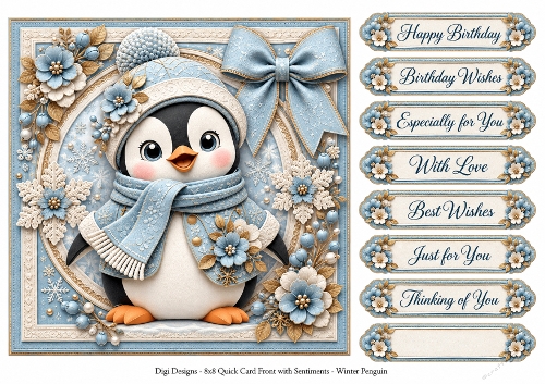 8x8 Winter Penguin Quick Card Front with Sentiments 