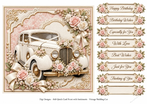 8x8 Vintage Wedding Car 2 - Quick Card Front with Sentiments