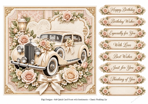 8x8 Vintage Wedding Car 3 - Quick Card Front with Sentiments