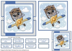 6x6 Kitten flying plane Card Front with Topper, Gift Tag & Sentiments