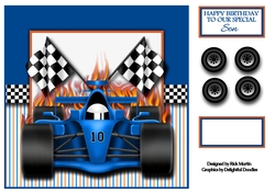 8x8 Blue Racing Car Card Front/Topper & Birthday Son sentiment
