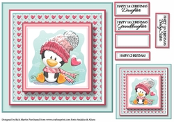8x8 Christmas Penguin Card Front Blue , Gift Tag & Sentiments