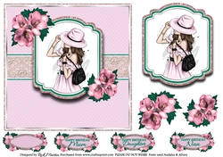 7x7 Lady in Pink Hat Card Front with Topper & Sentiments