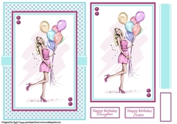 A5 Lady with Balloons 2 Card Front, Topper, Ribbon & Sentiments 