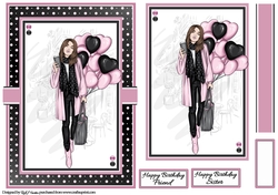 A5 Lady with Pink Balloons Card Front Topper & Sentiments