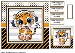 8X8 Tiger with Headphones Card Front, Tag & Sentiments