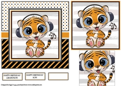 7x7 Tiger with Headphones Card Front, Tag & Sentiments